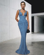 Cocoslly Spaghetti Straps Sleeveless High Waist Long Mermaid Prom Dress With Pleated | Red Satin LX0112