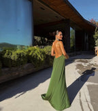 Cocoslly Spaghetti Straps Sleeveless Backless Long Prom Dress | Green Chiffon CO0072