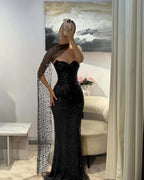 Tulle V-Neck Strapless Sleeveless Long Mermaid Prom Dress With Sequins And Ruffles YK0184