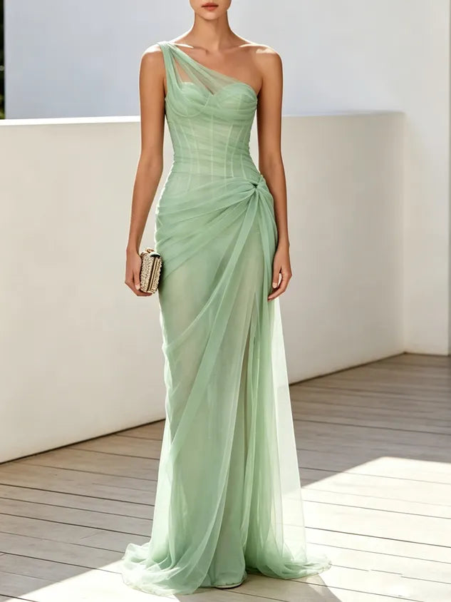 Green Chiffon One Shoulder Sleeveless Sheath Floor-length Gown Dress