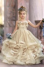 Cocoslly Spaghetti Straps  Sleeveless Flower Girl Dress With Appliques And Rhinstone | Dusty Blue Tulle FL0020
