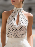 White & Black Polka Dot Halter Neck Keyhole Chiffon Top