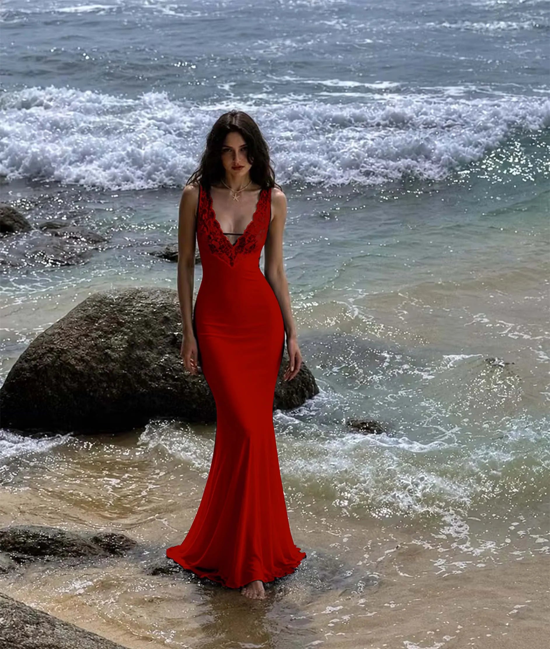 Cocoslly V-Neck Sleeveless High Waist Long Mermaid Prom Dress With Lace | Black Satin LX0099