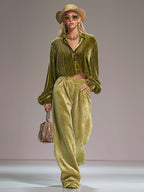 Luxe Retro Olive Green Pleated Velvet Shirt And Embossed Wide-Leg Pants Set