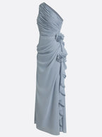 Light Blue 3D Floral Chiffon One Shoulder Sleeveless Sheath Maxi Dress
