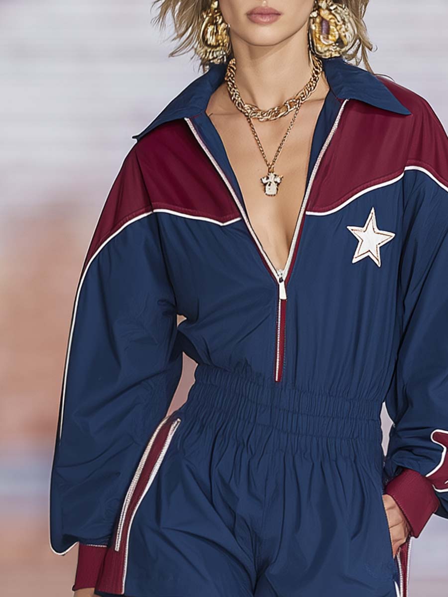 Retro Sporty Star-Patch Color-Blocked Collared Half-Zip Romper