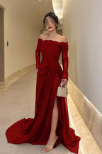 Off the Shoulder Long Sleeves Long Split Prom Dress With Pleated WQ0009