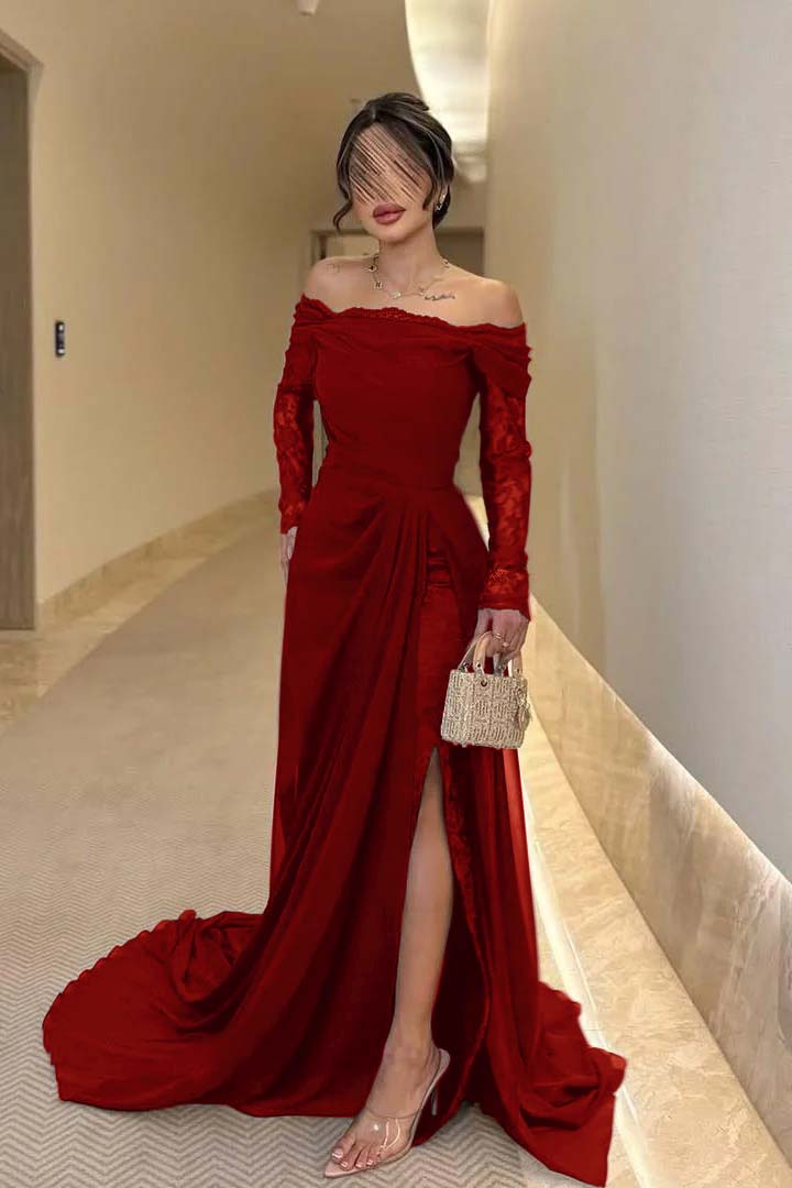 Off the Shoulder Long Sleeves Long Split Prom Dress With Pleated WQ0009