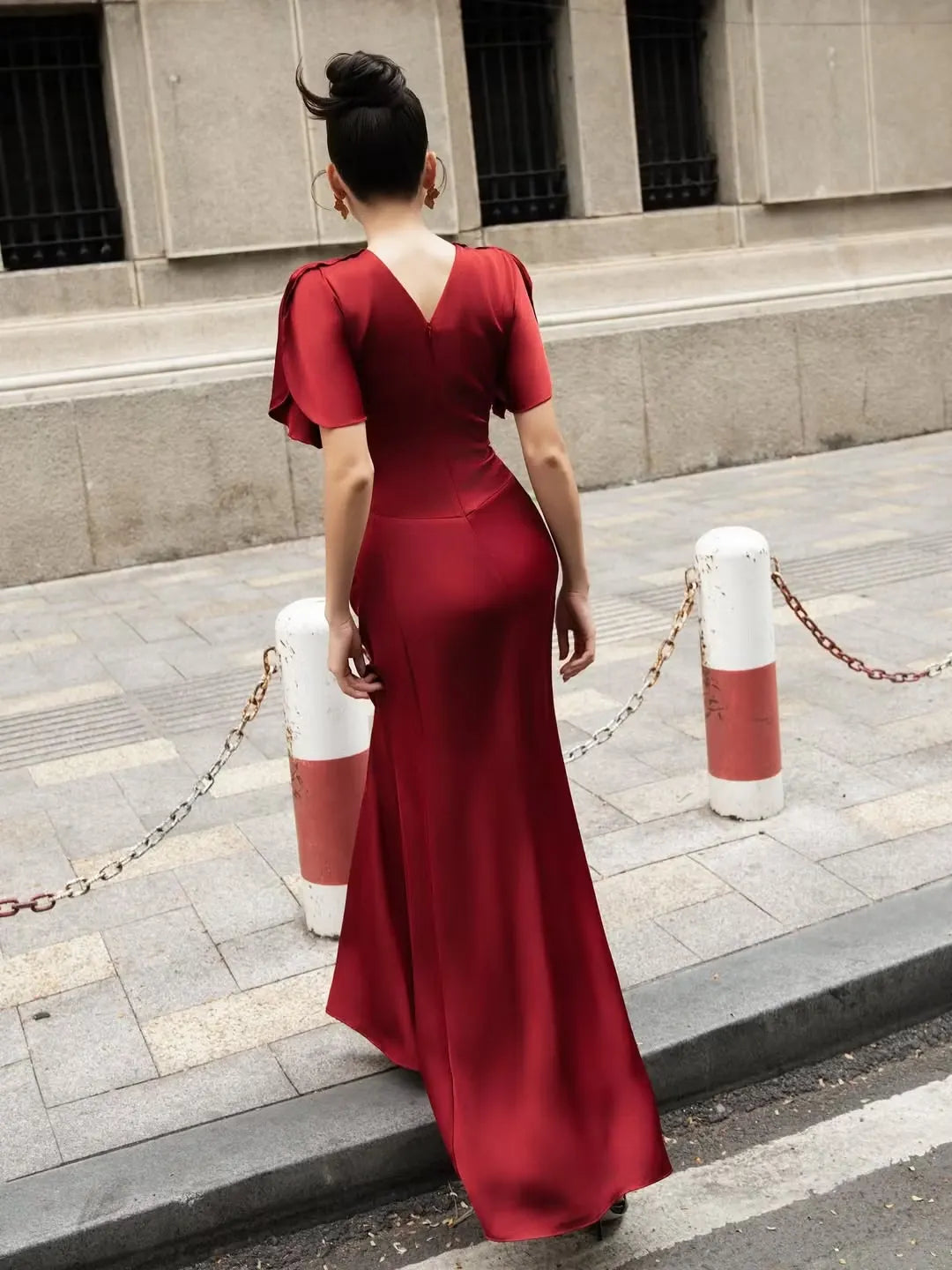Cocoslly Round Neck Short Sleeves High Waist Long Prom Dress With Pleated | Wine Red Satin DB0023