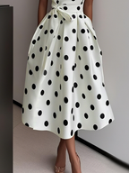White Polka Dots V Neck Sleeveless A-Line Midi Dress