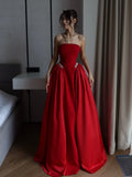 Cocoslly Strapless Sleeveless High Waist Long Prom Dress With Rhinstone | Burgundy Satin CO0171
