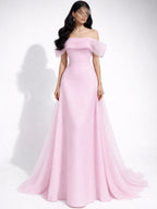 Cocoslly Off-The-Shoulder Sleeveless High Waist Long Prom Dress | Pink Satin And Chiffon CO0124