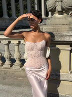 Cocoslly Strapless Sleeveless High Waist Long Prom Dress With Appliques | Pink Satin LX0113