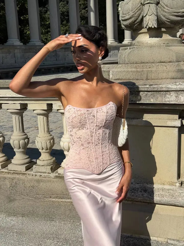 Cocoslly Strapless Sleeveless High Waist Long Prom Dress With Appliques | Pink Satin LX0113