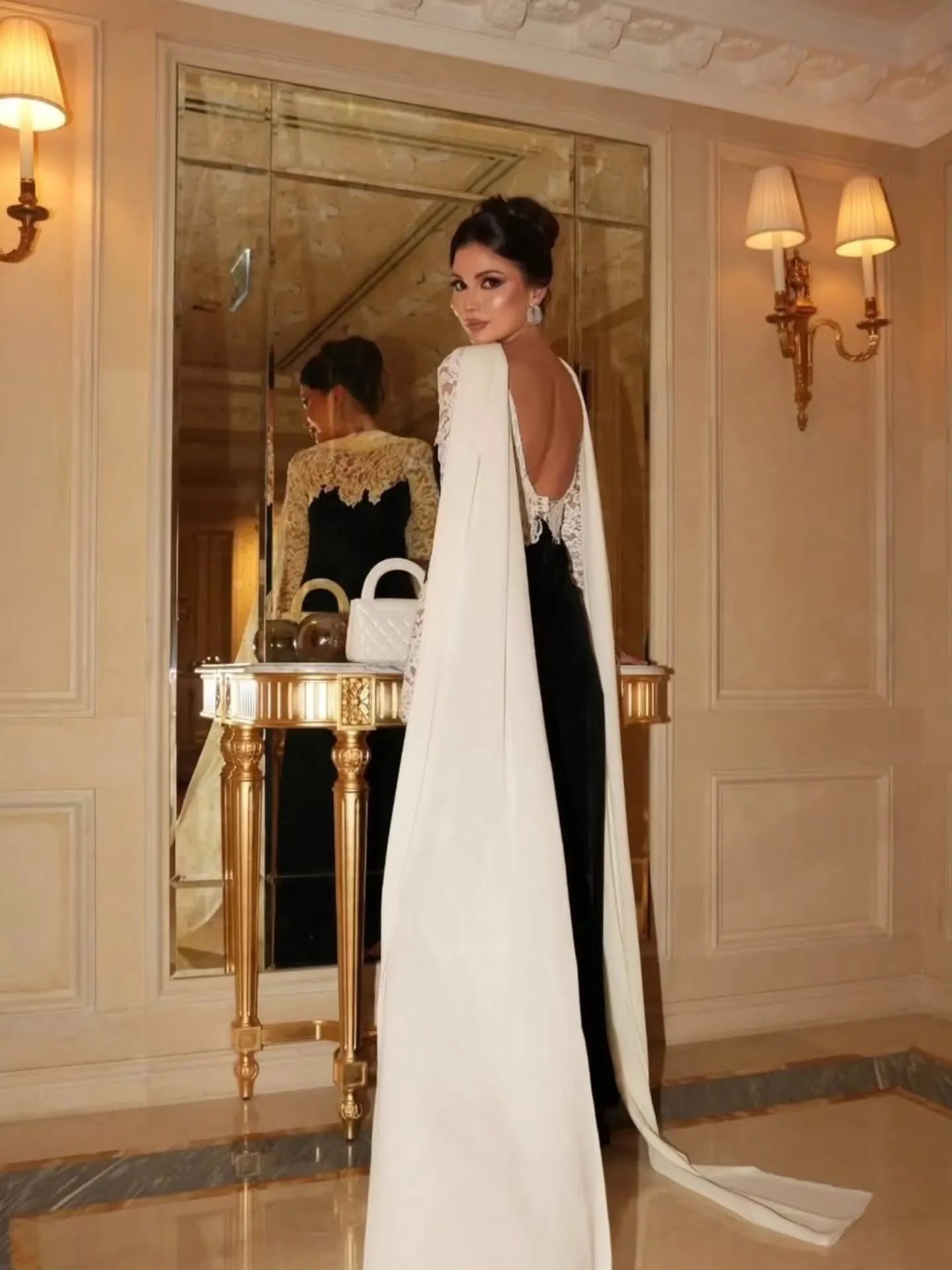Cocoslly Long Sleeves Long Prom Dress With Scarf And Lace | Black And White Satin CO0089