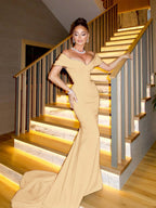 Off The Shoulder Sleeveless Long Mermaid Prom Dress With Pleated YK0338