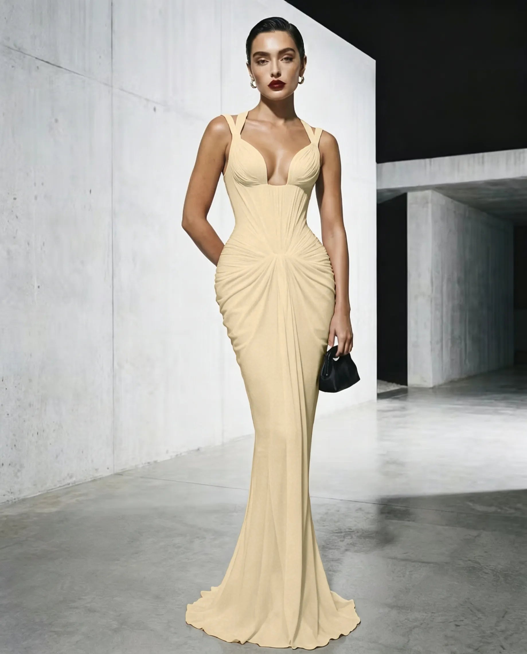 Cocoslly Spaghetti Straps Sleeveless High Waist Long Mermaid Prom Dress With Pleated | Red Satin LX0112