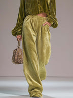 Luxe Retro Olive Green Pleated Velvet Shirt And Embossed Wide-Leg Pants Set