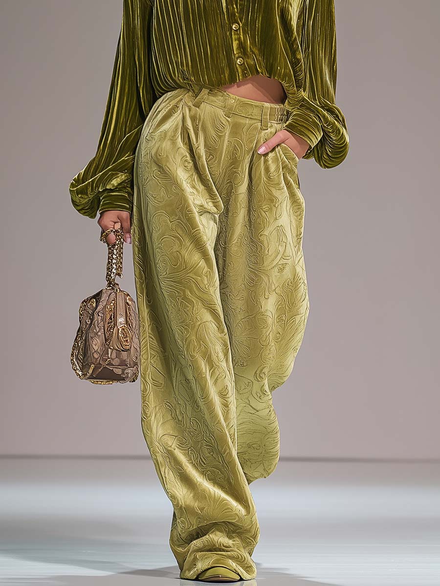 Luxe Retro Olive Green Pleated Velvet Shirt And Embossed Wide-Leg Pants Set