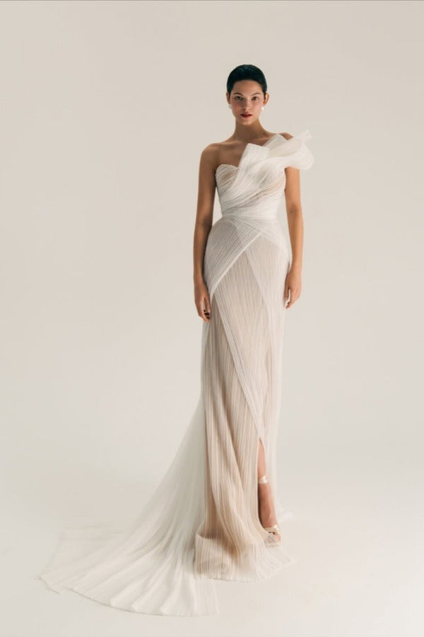 Asymmetric One Shoulder Sleeveless Long Pleated Mermaid Prom Dress With Split WQ0533
