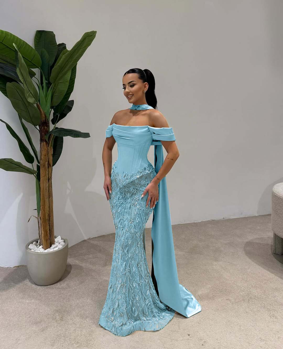 Cocoslly Off-The-Shoulder Long Pleated Mermaid Prom Dress With Beaded-Embroidered And Scarf | Dusty Sage Satin And Tulle ZA0306