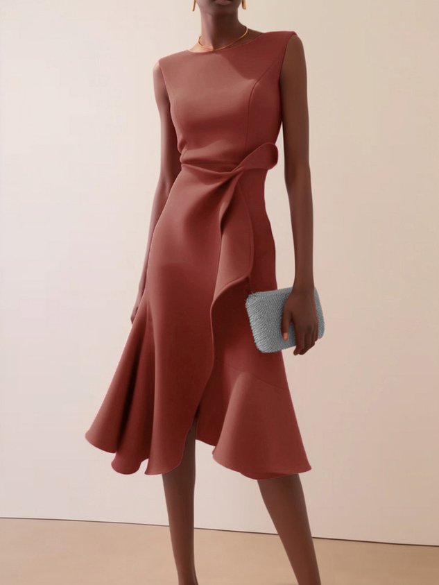 Red Asymmetric Ruffled Classic Boat Neck Sleeveless Midi Elegant A-line Dress with Waist Twist for Day-to-Night