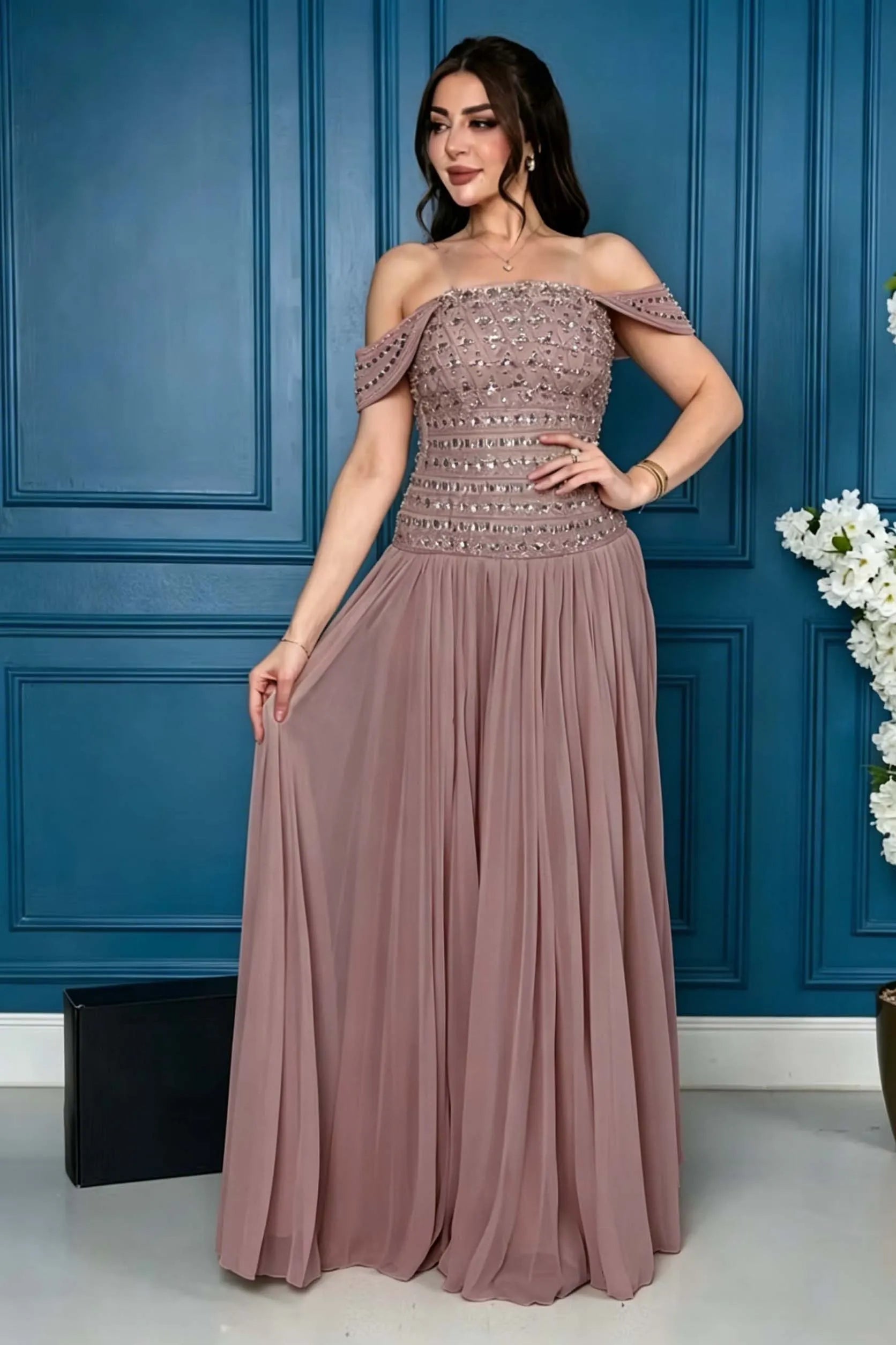 Cocoslly Off-The-Shoulder Sleeveless High Waist Long Prom Dress With Rhinstone | Champage Chiffon LR0566