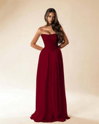 Strapless Sleeveless Long Pleated A-Line Prom Dress With Beadings And Rhinstone YK0781