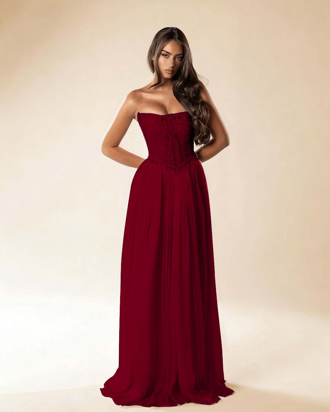 Strapless Sleeveless Long Pleated A-Line Prom Dress With Beadings And Rhinstone YK0781