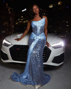 Tulle Asymmetric Strapless Sleeveless Long Pleated Mermaid Prom Dress With Sequins And Ruffles YK0320