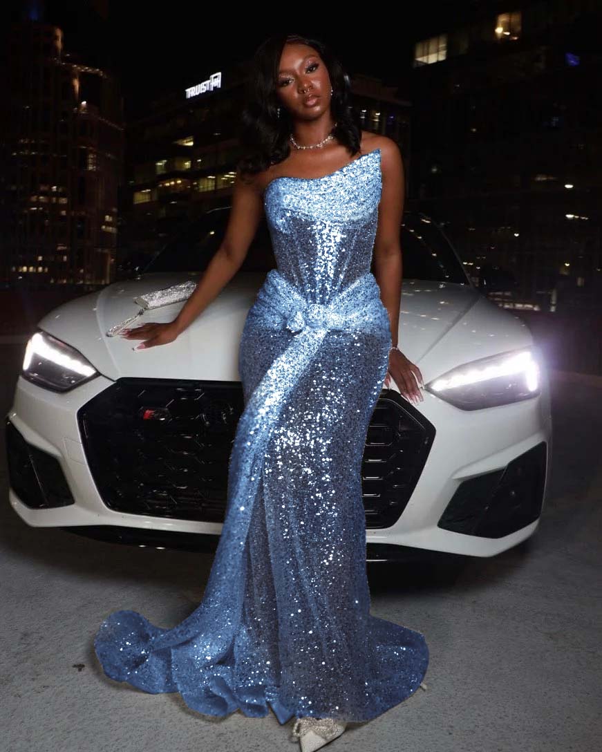 Tulle Asymmetric Strapless Sleeveless Long Pleated Mermaid Prom Dress With Sequins And Ruffles YK0320