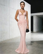 Cocoslly Spaghetti Straps Sleeveless High Waist Long Mermaid Prom Dress With Pleated | Red Satin LX0112