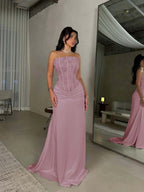 Satin Strapless Sleeveless Long Pleated Mermaid Prom Dress With Flowers And Sequins YK0636