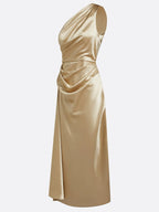 Champagne Ruched Satin One Shoulder Sleeveless Sheath Midi Dress