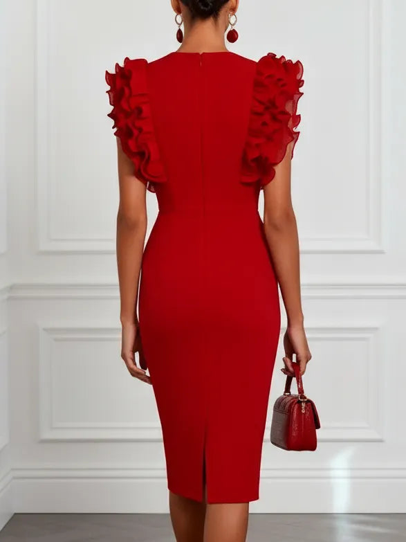 Red Peplum Classic V Neck Sleeveless Sheath Midi Dress