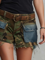Vintage-style Olive Green Camouflage Denim Workwear Shorts