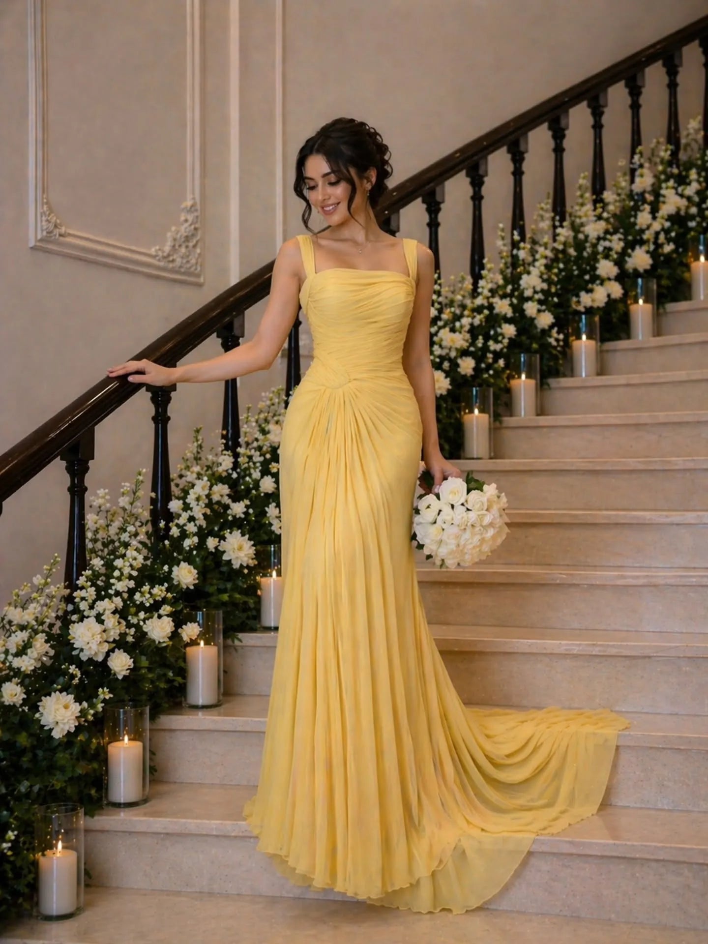 Cocoslly Wide Straps Square Neck Sleeveless High Waist Long Prom Dress With Pleated | Yellow Chiffon CO0204