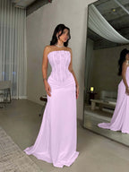 Satin Strapless Sleeveless Long Pleated Mermaid Prom Dress With Flowers And Sequins YK0636