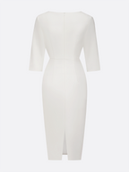 White Faux Pearl Classic Crew Neck Half Sleeve Sheath Midi Dress