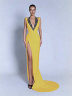 Halter V-Neck Wide Shoulder Straps Sleeveless Long Mermaid Prom Dress With Beadings And Split YK0734