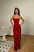 Cocoslly Strapless Sleeveless High Waist Long Prom Dress With Split And Pleated | Ice Blue Satin YC0566