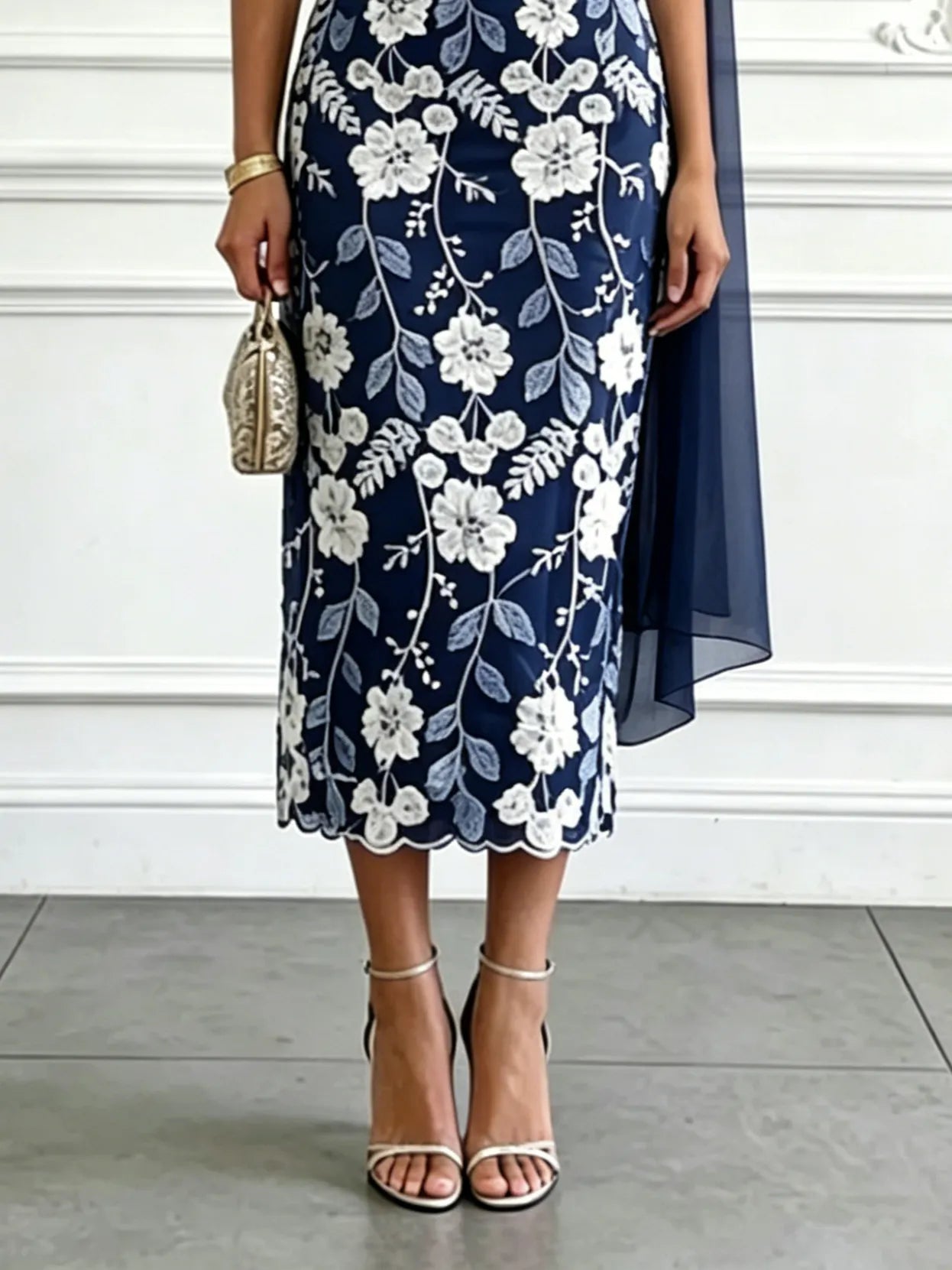 Navy Blue Embroidery Classic Strapless Sleeveless Sheath Midi Dress