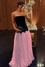 Cocoslly Strapless Sleeveless High Waist Long Prom Dress | Black And Dusty Blue Satin And Tulle YC0567