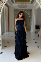 Cocoslly Strapless Sleeveless High Waist Long Prom Dress With Ruffles | Nude Champage Chiffon YC0565