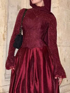 Cocoslly High Neck Long Sleeves High Waist Long Prom Dress With Hat | Burgundy Satin LR0513