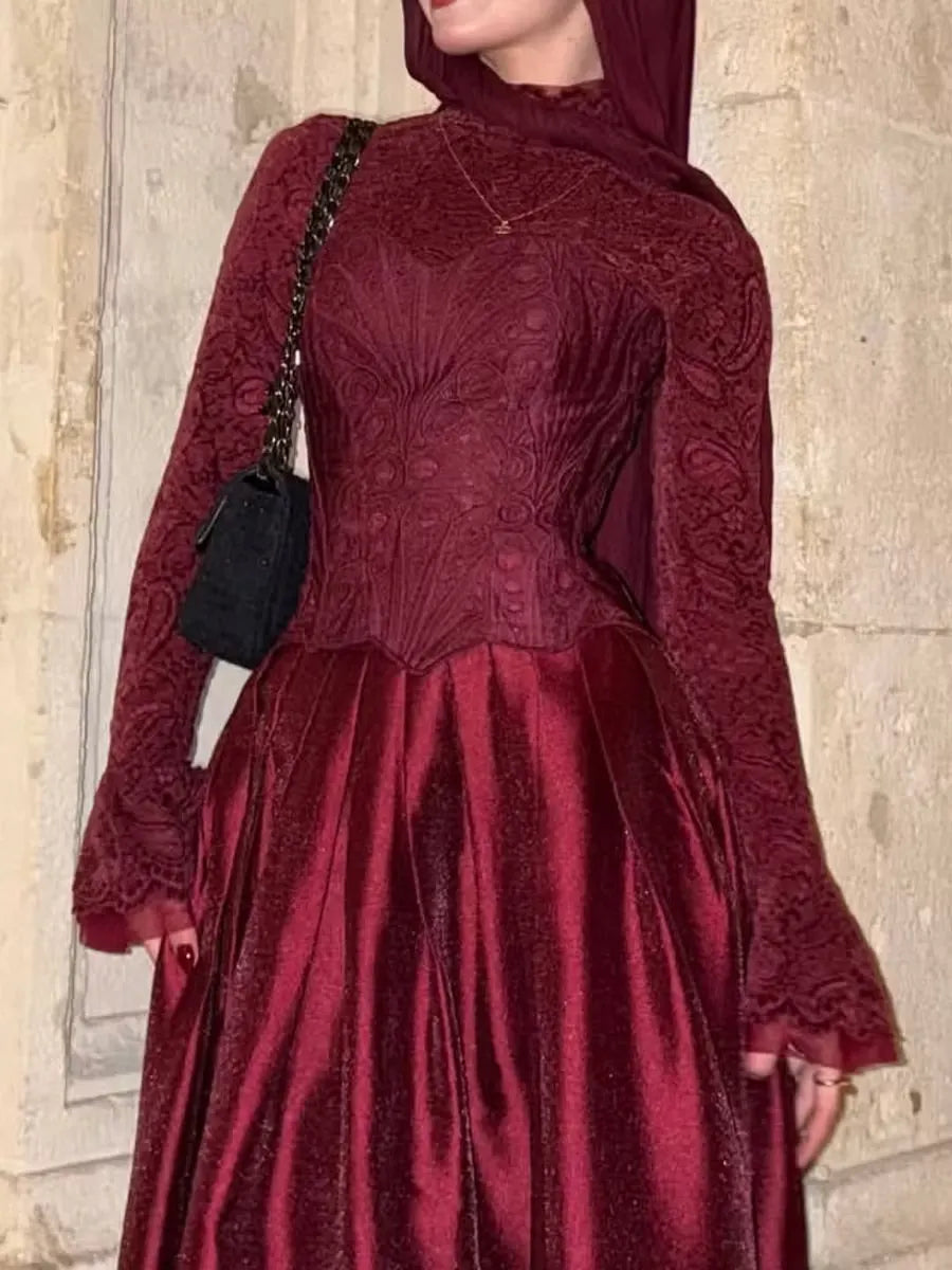 Cocoslly High Neck Long Sleeves High Waist Long Prom Dress With Hat | Burgundy Satin LR0513