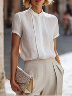 Structured Short Sleeve Stand Collar Blouse With Pleated Front Panel