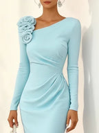 Light Blue 3D Floral Ruched Knit Asymmetrical Long Sleeve Sheath Midi Dress