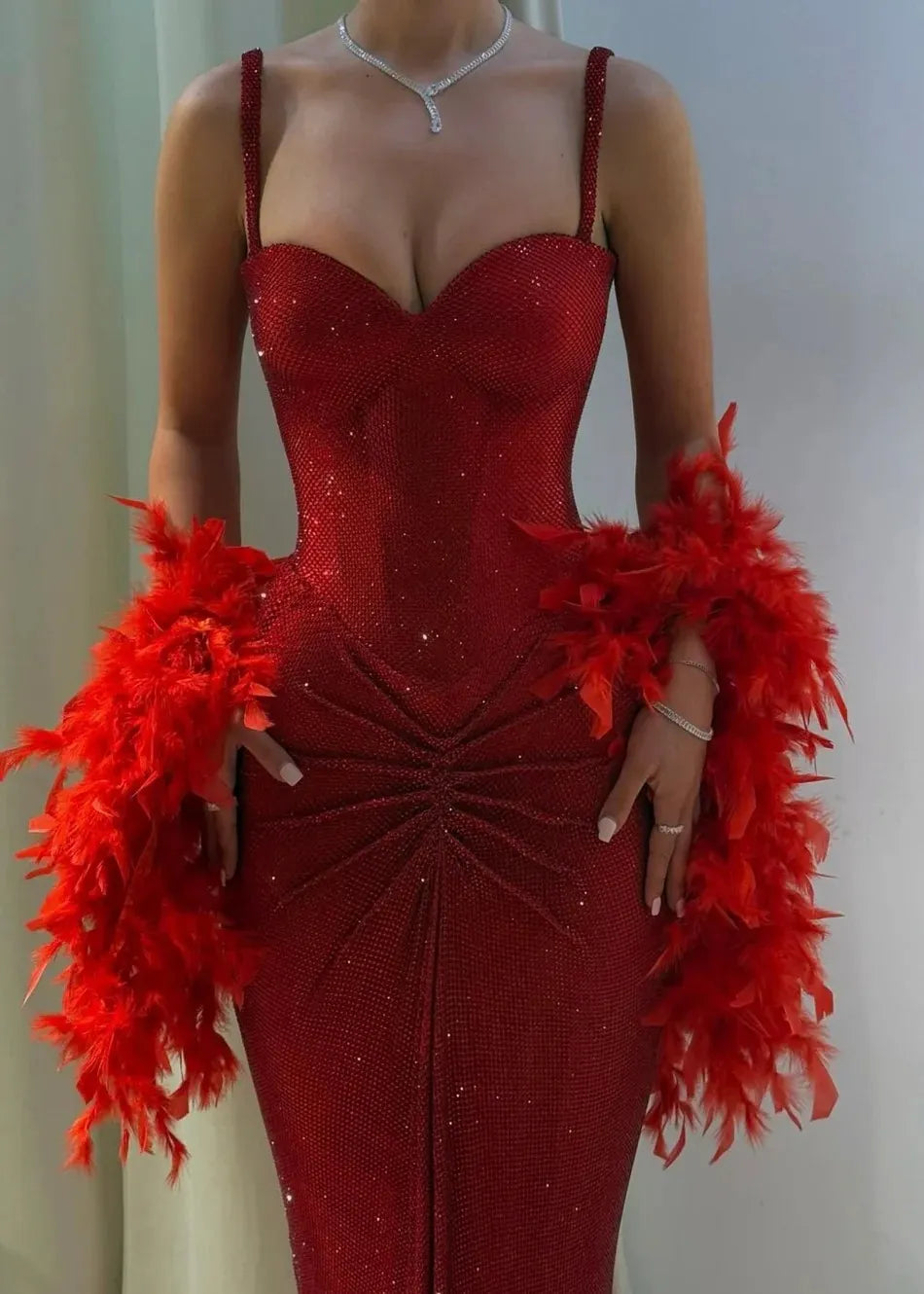 Cocoslly Spaghetti Straps Sleeveless Long Pleated Mermaid Prom Dress With Feathers | Red Sequins CO0137