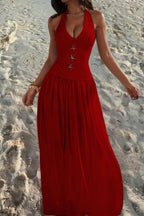 Cocoslly Halter V-Neck Sleeveless High Waist Long Prom Dress With Rhinstone | Ivory Chiffon XJ0755